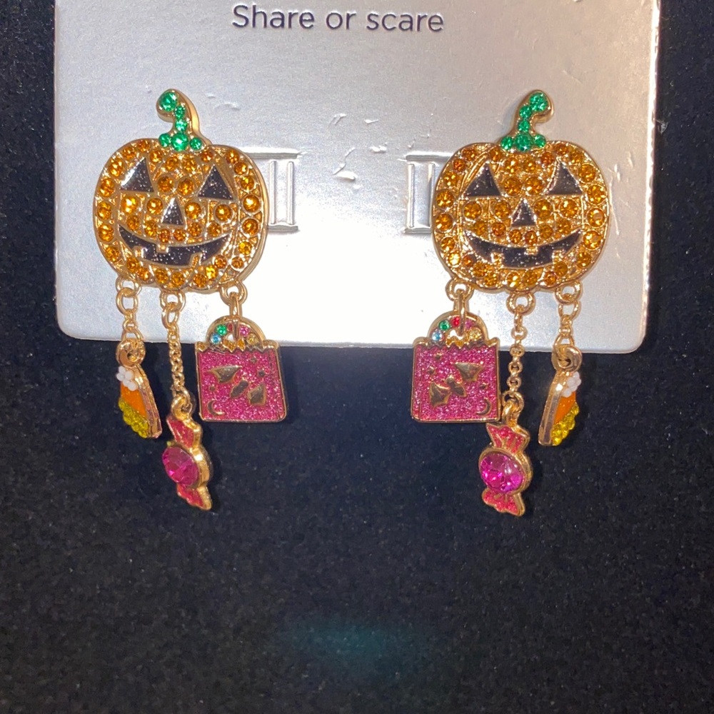 SUGARFIX by BaubleBar Halloween Sparkly Pumpkin Earrings NWT Pink Green - Picture 2 of 3